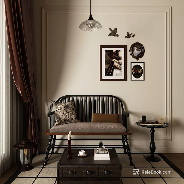 Elegant Interior Leisure Chair With Dark Wooden Frame Neutral Cushion And Wall Art 3d model 