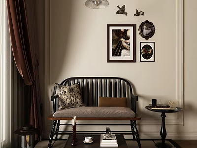 Elegant Interior Leisure Chair With Dark Wooden Frame Neutral Cushion And Wall Art 3d model