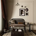 Elegant Interior Leisure Chair With Dark Wooden Frame Neutral Cushion And Wall Art