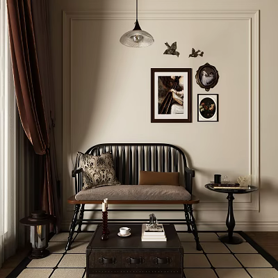 Elegant Interior Leisure Chair With Dark Wooden Frame Neutral Cushion And Wall Art 3d model