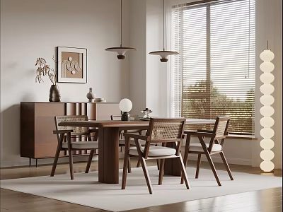 Modern Restaurant Interior With Wooden Dining Table Chairs Pendant Lights And Large Windows 3d model