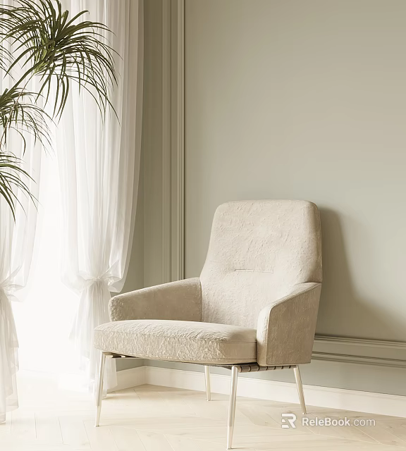 Beige Upholstered Single Sofa With Armrest In Bright Minimalist Room With Curtains And Plant 3d model 