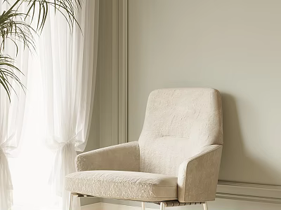 Beige Upholstered Single Sofa With Armrest In Bright Minimalist Room With Curtains And Plant 3d model