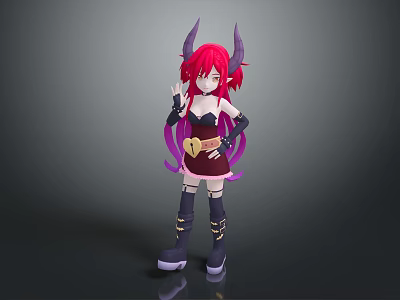 Game And Movie Character With Red Hair Horns Purple Long Hair And Heart Accessory 3d model