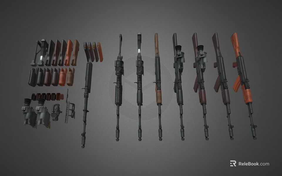 Various Military Weapons Display Including Rifles With Wooden Stocks And Metal Parts 3d model 