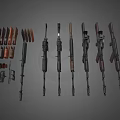 Various Military Weapons Display Including Rifles With Wooden Stocks And Metal Parts