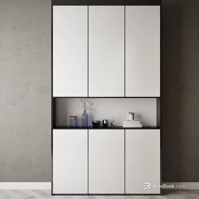 Modern White Shoe Cabinet Design With Open Middle Shelf And Decorative Items 3d model 
