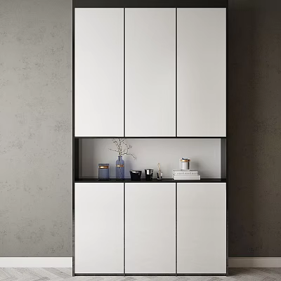 Modern White Shoe Cabinet Design With Open Middle Shelf And Decorative Items 3d model