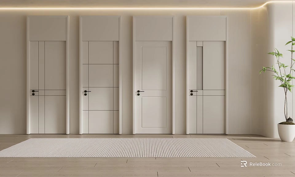 Four Modern White Hinged Doors With Simple Panel Design For Home Interior 3d model
