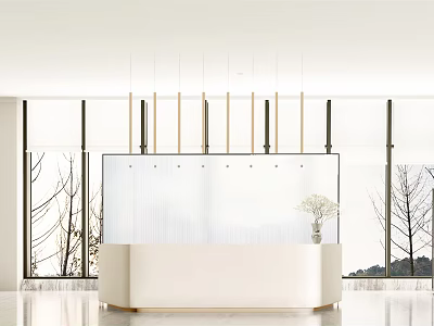 Modern White Reception Desk With Hanging Lights Large Windows And Trees Outside 3d model