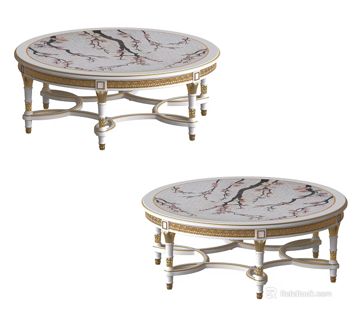 Elegant Round Coffee Table With Intricate Branch Pattern And White Gold Finish Ornate Carved Legs 3d model 