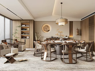 Zen New Chinese Restaurant Room Song's Aesthetic Background Wall Round Dining Table and Chair Combination Restaurant Chandelier Balcony Leisure Chair 3d model