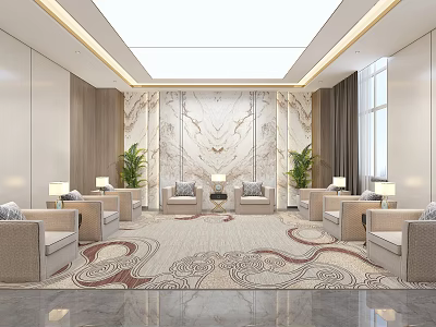 Luxurious Modern Conference Room Interior With Beige Sofas Intricate Carpet And Decorative Walls 3d model