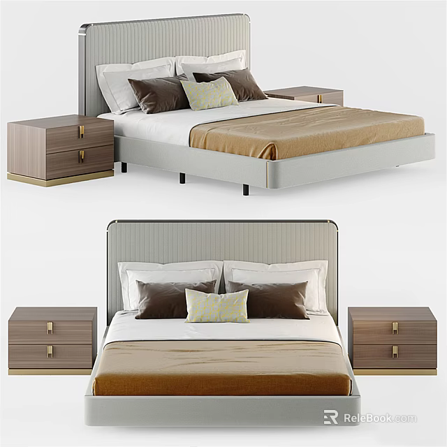 Modern Double Bed With Stylish Headboard Matching Nightstands And Comfortable Bedding 3d model