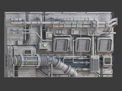 Industrial Mechanical Structure With Metal Pipes Vents And Control Panels Design 3d model
