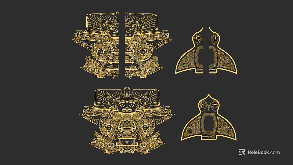 Golden Intricate Traditional Carvings With Decorative Patterns And Artistic Design Elements 3d model 