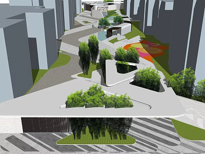 Residential Landscape Design with Modern Buildings Green Trees and Curved Walkways 3d model