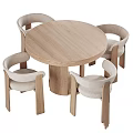 Modern Minimalist Round Wooden Dining Table and Chairs Set with Upholstered Seats and Armrests
