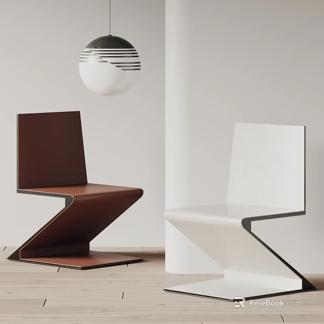 Modern Brown And White Z Shaped Dining Chairs In Minimalist Interior 3d model 