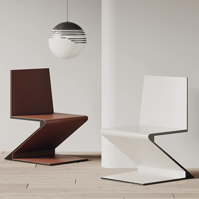 Modern Brown And White Z Shaped Dining Chairs In Minimalist Interior 3d model