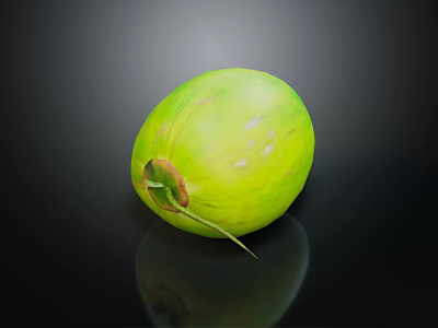 Fresh Green Coconut With Leaf Stalk On Black Reflective Background Surface 3d model