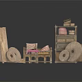 Multi-seater Rattan Sofa with Pink Cushions Alongside Wooden Shelves Round Decor and Small Table