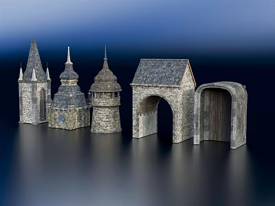 Ancient Architectural Structures With Spired Towers Stone Archways And Historic Design 3d model