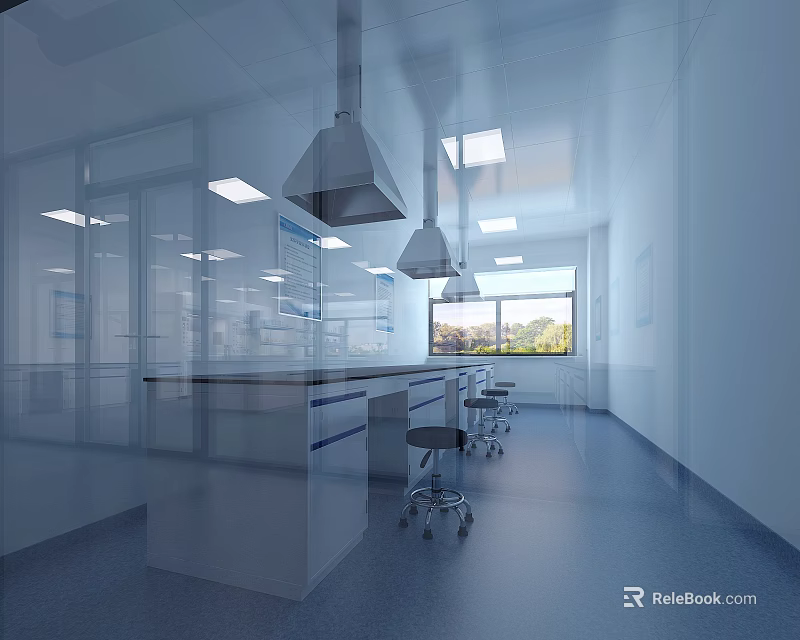 Bright Modern Laboratory With White Walls Fume Hoods Lab Benches Wheeled Stools Windows And Lighting 3d model 