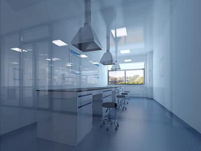 Bright Modern Laboratory With White Walls Fume Hoods Lab Benches Wheeled Stools Windows And Lighting 3d model