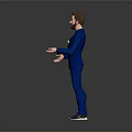 3D Character in Blue Business Suit Presenting on Grey Background