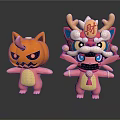 Cute Pink Cartoon Characters With Pumpkin And Lion Dance Inspired Design