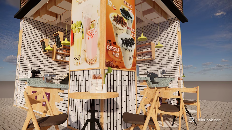 Cozy Cafe Restaurant With Wooden Tables Chairs Yellow Pendant Lights Brick Wall And Drink Posters 3d model 