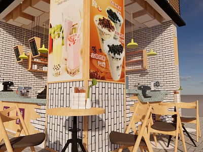 Cozy Cafe Restaurant With Wooden Tables Chairs Yellow Pendant Lights Brick Wall And Drink Posters 3d model
