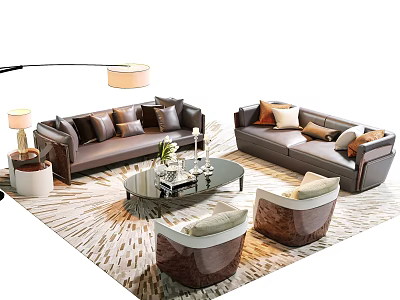 Modern Leather Sofa Set With Glass Coffee Table Armchairs Patterned Rug And Pillows 3d model