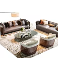 Modern Leather Sofa Set With Glass Coffee Table Armchairs Patterned Rug And Pillows 3d model