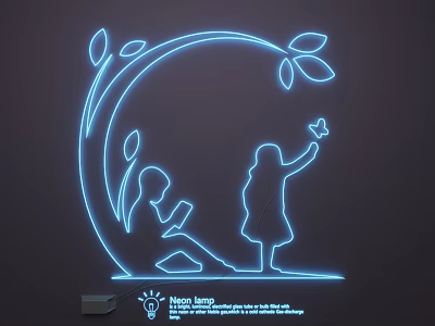 Neon Lighting Combination with Children Silhouettes Leaves and Butterfly Design 3d model