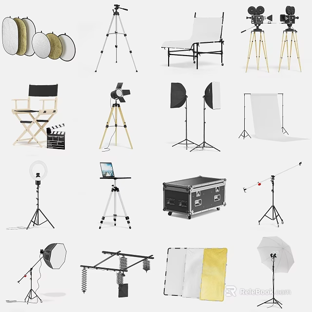 Essential Commercial Equipment with Tripods Studio Lights Reflectors and Director's Chairs 3d model 