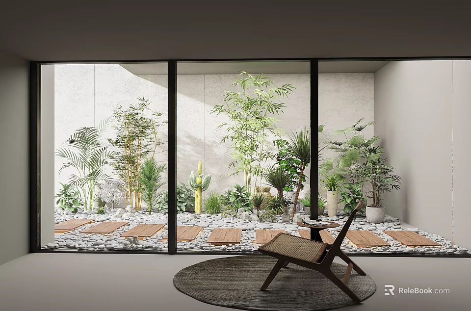 Modern Leisure Chair In Indoor Courtyard With Plants Stone Path And Round Rug 3d model 