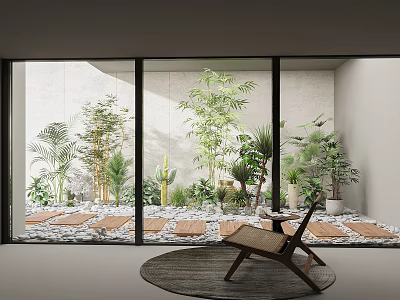 Modern Leisure Chair In Indoor Courtyard With Plants Stone Path And Round Rug 3d model