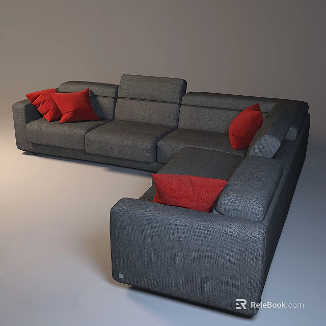 Gray L Shaped Sectional Sofa With Red Accent Cushions Modern Design 3d model
