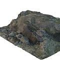 Natural Stone and Wood Elements in Textured Rock Ground with Various Sizes and Green Moss