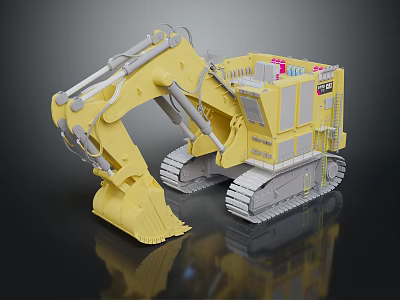Large Yellow Tracked Excavator with Long Mechanical Arm and Bucket on Dark Background with Reflection 3d model
