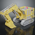 Large Yellow Tracked Excavator with Long Mechanical Arm and Bucket on Dark Background with Reflection