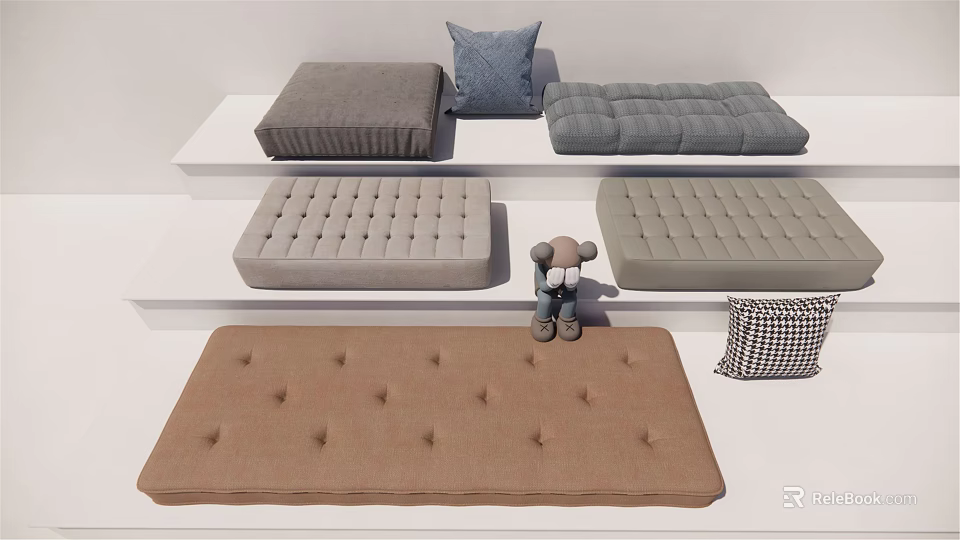 Home Living Essentials Featuring Tufted Cushions In Gray Beige Blue And Small Stuffed Toy Displayed 3d model 
