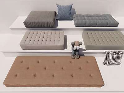 Home Living Essentials Featuring Tufted Cushions In Gray Beige Blue And Small Stuffed Toy Displayed 3d model