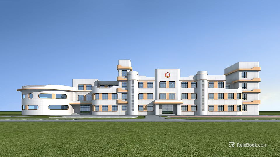 Modern Hospital Building With White Yellow Exterior Red Cross Logo And Green Lawn Front 3d model 