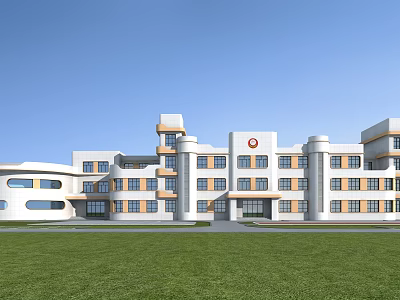 Modern Hospital Building With White Yellow Exterior Red Cross Logo And Green Lawn Front 3d model