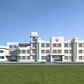 Modern Hospital Building With White Yellow Exterior Red Cross Logo And Green Lawn Front