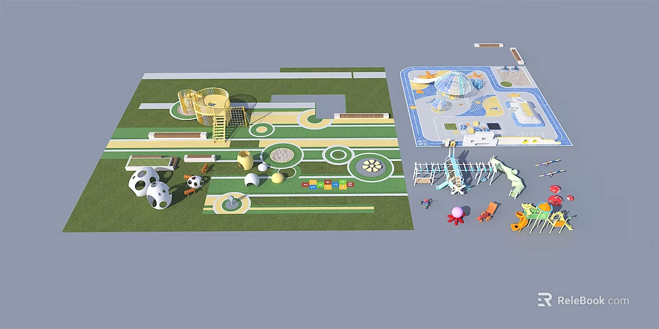Diverse Playground Equipment Featuring Slides Climbing Structures And Interactive Installations On Green Lawn 3d model