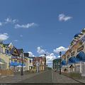 European Style Commercial Street With Blue Umbrellas Street Lamps Store Signs And Outdoor Seats